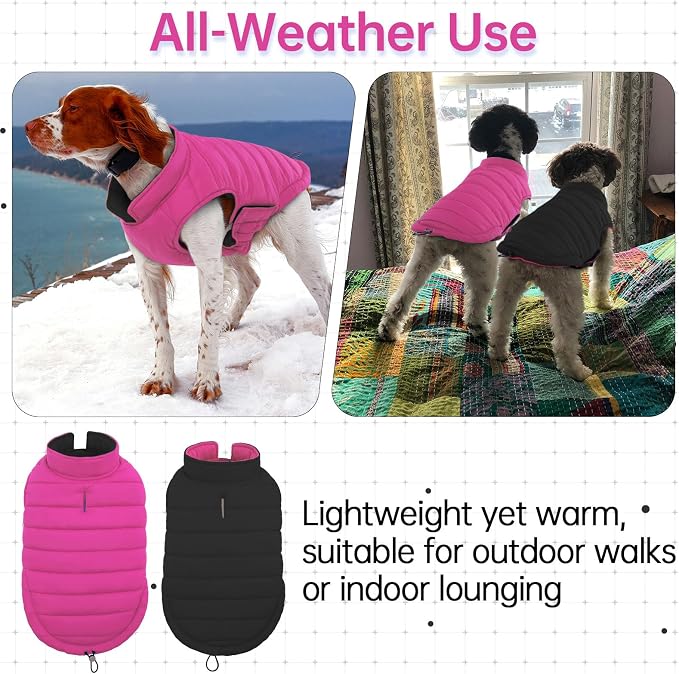 Lelepet Reversible Dog Coat Windproof Dog Puffer Jacket Lightweight Vest | Warm Puffer Vest for Winter Coats for Small Dogs Adjustbale Hook & Loop Pet Apparel with Leash Hole, Chihuahua, Shih Tzu, S