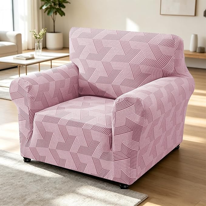 ZNSAYOTX Stretch Armchair Covers for, 1-Piece Chair Slipcovers for Living Room, Furniture Protector with Elastic Bottom for Dogs Cats Kids Geometrical Jacquard Fabric (Small, Dusty Pink)