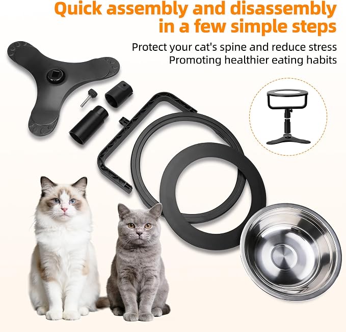 Raised Cat Bowls,Elevated Cat Bowls for Indoor Cats with Height-Adjustable Stand,Non-Slip Stainless Steel Cat Bowls,15° Tilted Cat Food Bowls (2 Pack)