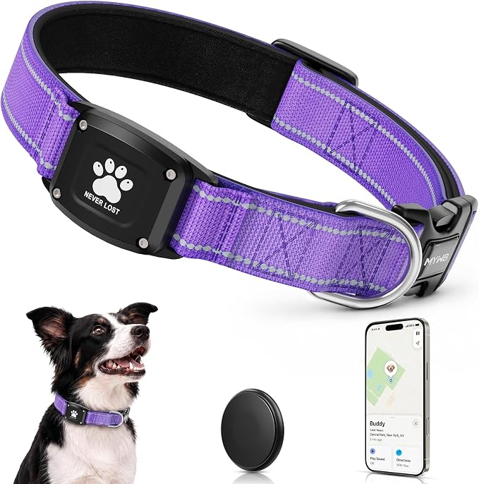 GPS Dog Collar Tracker 2-in-1,Reflective Waterproof Pet Collar,iOS-Only,No Monthly Fees,Unlimited Range,Dog Tracking Collar Pet Tracker,for Small Medium Large Dogs(S (12.5"-16"), Purple)