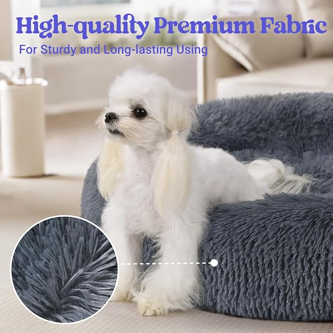 rabbitgoo Calming Cat Beds for Indoor Cats, 23 inches, Dark Grey | Soft Warm Donut, Fluffy Faux Fur, Supportive Raised Rim, Anti-slip, Machine Washable, Up to 25lbs Cats & Small Dogs