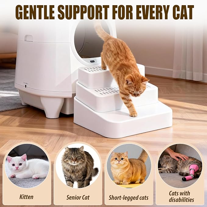 3-Steps Cat Litter Box Ramp with Cleaning Brush Set for Automatic Litter Boxes, Detachable & Non-Slip Cat Steps with Litter Catching Function, Essential to Small & Elderly & Disabled Cats