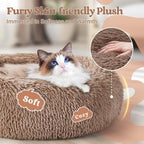 rabbitgoo Calming Cat Beds for Indoor Cats, 20 inches, Light Brown | Soft Warm Donut, Fluffy Faux Fur, Supportive Raised Rim, Anti-slip, Machine Washable, Up to 15lbs Kittens & Small Cats