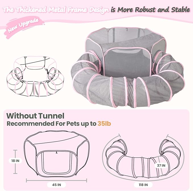 X-ZONE PET Portable Catio Playground, Outdoor Cat Enclosure, Enclosed Tent Playpen Tunnel for Indoor Cats & Small Animals, with Bag Storage 45 Inch Pink