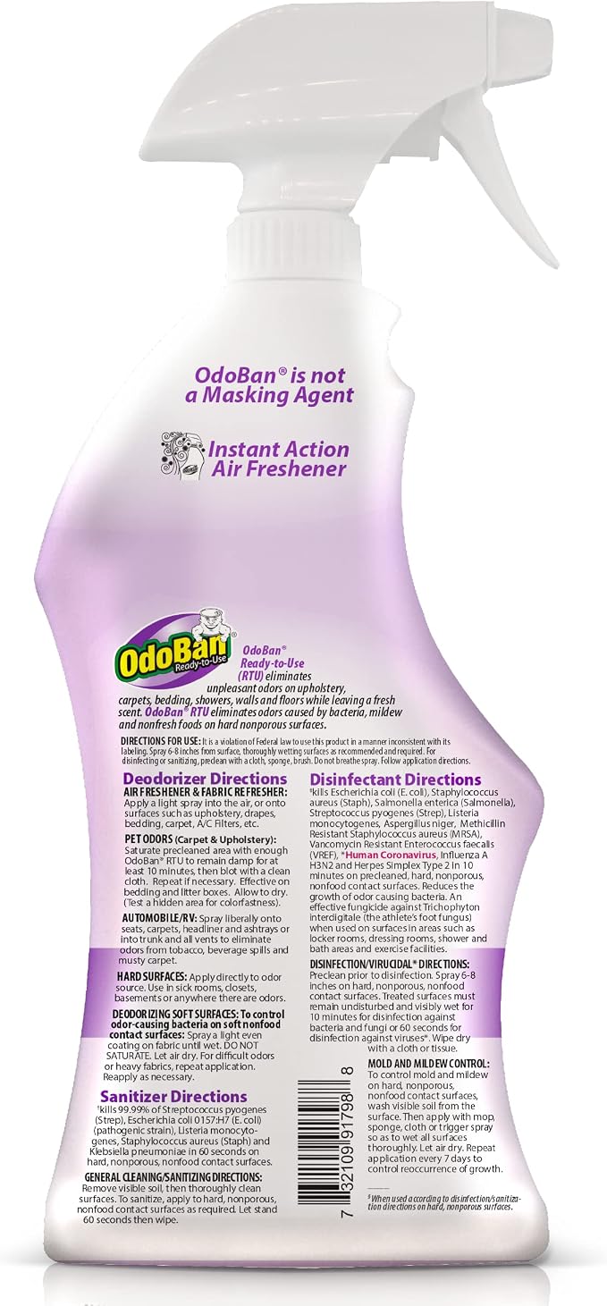 OdoBan Ready-to-Use Disinfectant and Odor Eliminator, Set of 3 Spray Bottles, 32 Ounces Each, Lavender Scent