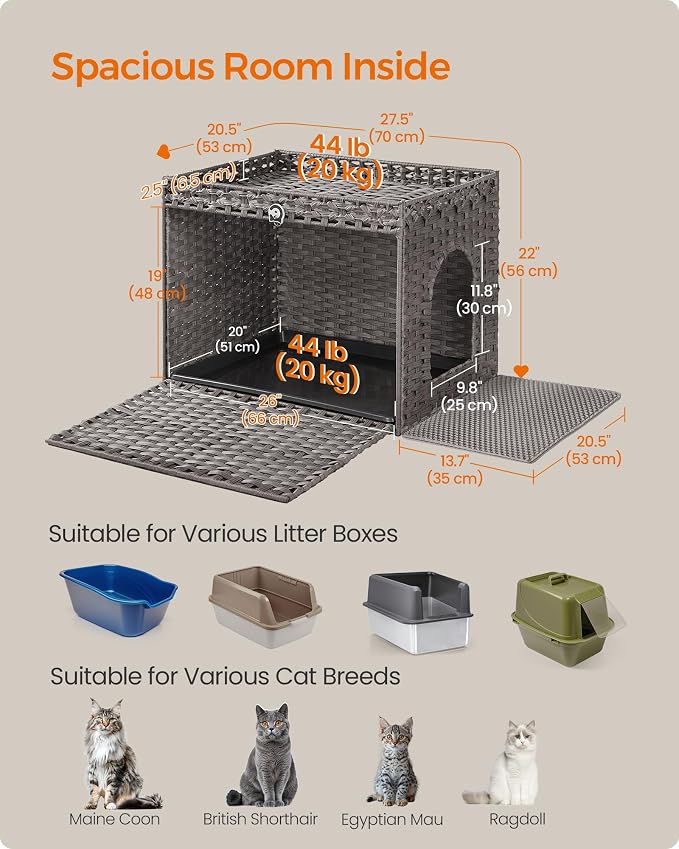 Feandrea Cat Litter Box Enclosure, Handwoven Rattan Hidden Furniture | Extra Litter Mat, Removable Washable Tray, Boho Cat House, End Table, Dove Gray UPCL014G01