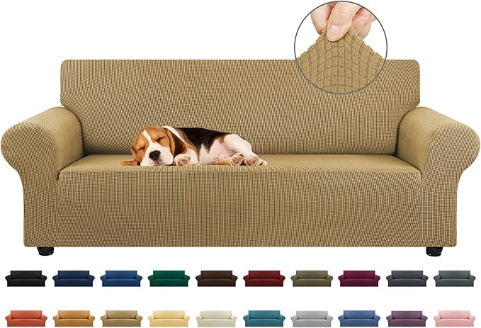 Stretch Couch Covers for Sofa, 3 Cushion Couch Slipcover,Tan | 1-Piece Washable Sofa Cover Pet Friendly(78"-94") Furniture Protector Soft Jacquard, Elastic Bottom for Dogs & Kids