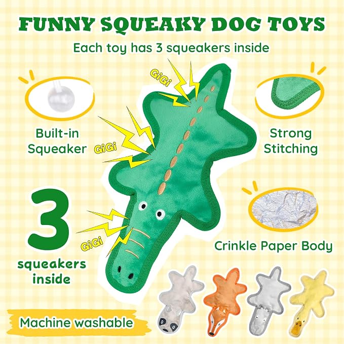 No Stuffing Dog Toys, Tough Durable Plush Chew Toy for Boredom and Teething, Squeaky Dog Toys for Small Medium Large Dogs to Keep Them Busy (5 Pack)