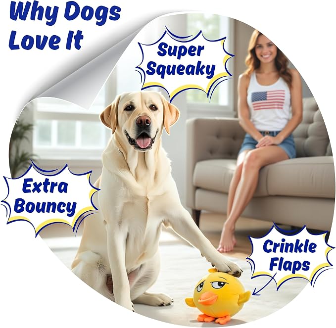 Ducky 3 in 1 Plush Duck Dog Chew Toy with Squeaky Ball Inside for Aggressive Chewers, Super Interactive, No Stuffing, Strong Tough Heavy Durable, Birthday Gift Box for Small & Large Breeds