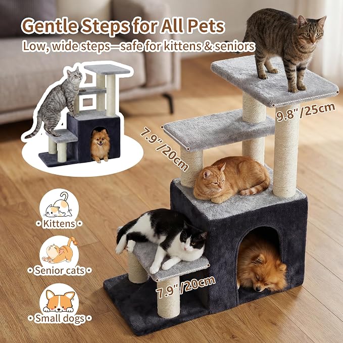 Heybly Cat Scratching Post, Pet Steps for Indoor Cats and Dogs, HSP002SGW | Small Cat Tree with Cat Condo, Pet Stairs with Full Wrapped Sisal Posts & Soft Plush Fabric, Smoky & Light Gray