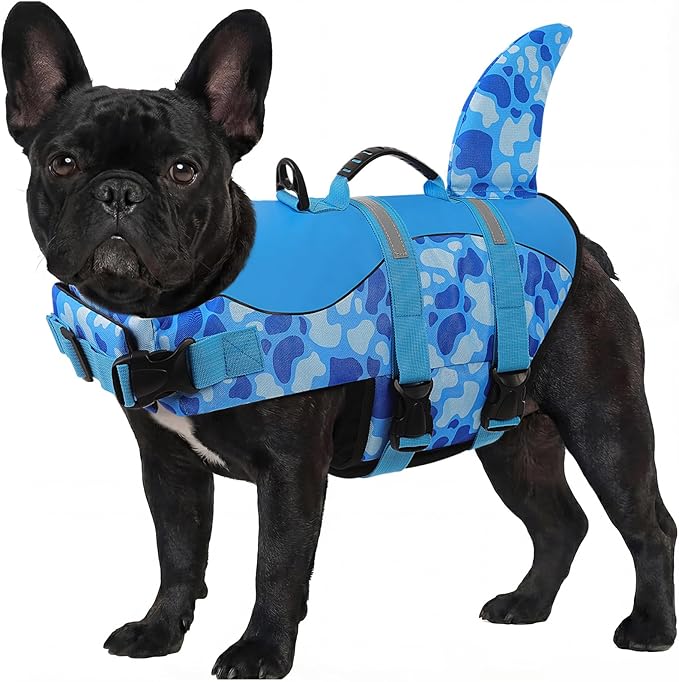 ASENKU Dog Life Jacket - Pet Safety Vest for Swimming & Boating, Shark Life Jacket with Floatation, Dog Lifesavers Swimsuits for Small Medium Large Dogs (Blue Cow Print, M)