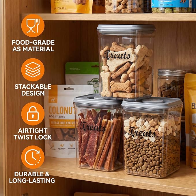 1.37 Qt Pet Food Storage Containers, Airtight Dog Food Storage Container with One-Touch Opening, Dog Treat Container with a Stickers & Pen,Suitable for Pet,Bird Seeds,Dog & Cat Treats(Gray)