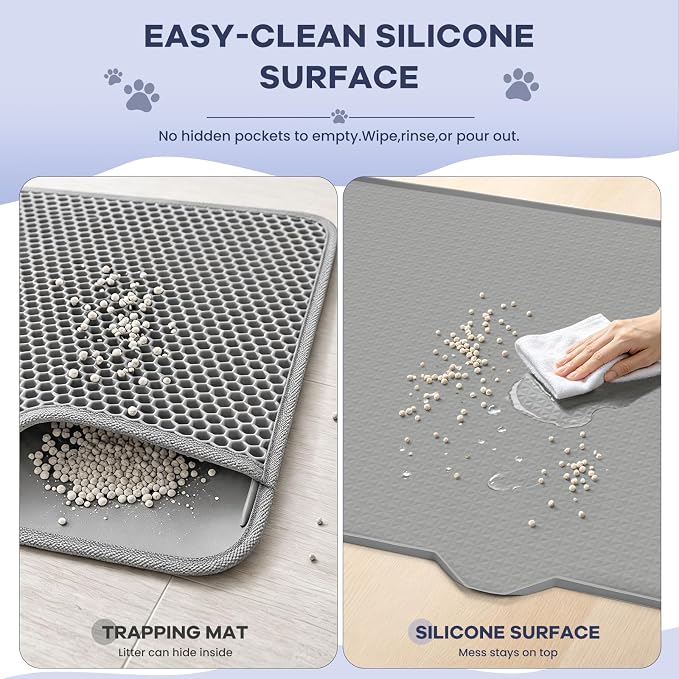 Cat Litter Mat, Extra Large Silicone Litter Box Mat, 47 x 37 inch | Gray, Silicone rubber, Water-resistant, Easy pour-out front notch, Raised lip, Grippy backing, Rinses clean