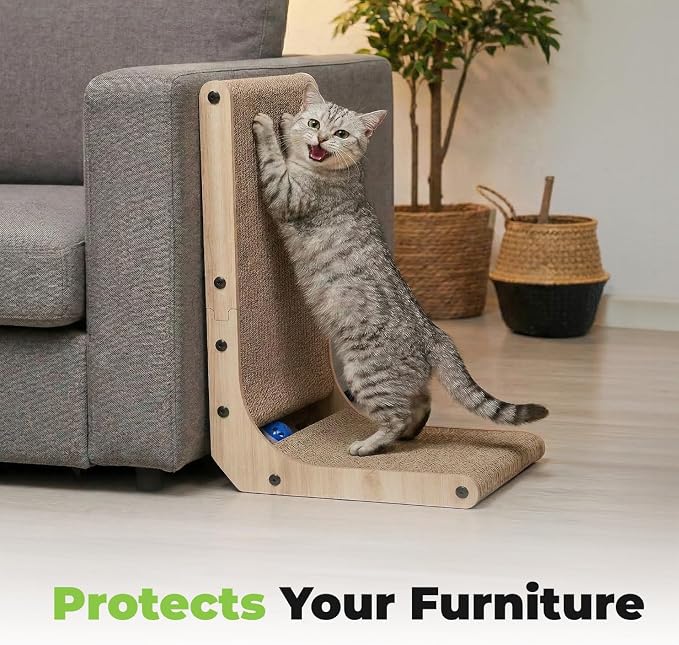 Best Pet Supplies Catify L-Shaped Cardboard Cat Scratcher - H: 19" | 15"x 9"x19", Ball Toy Included, Durable Corrugated Cardboard, Space Saving Design, Furniture Protector, Indoor Cats & Kittens