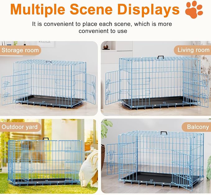 FDW 30inch Dog Crate Pet Cage with Metal Folding Design Plastic Tray Indoor Outdoor Dog Kennel Cage for Small and Medium Dogs,Blue