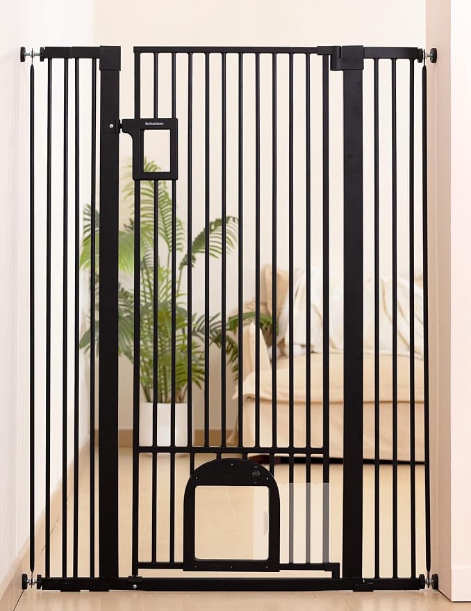 No Pawblems 55" Extra Tall Pet Gate with Cat Door, 29"-43" Dog Gate Indoor | NO Drilling Pressure Mounted for Doorways/Hallways, 1.37" Bar Spacing, One-handed Operation, Auto Close, Dual Lock, Black