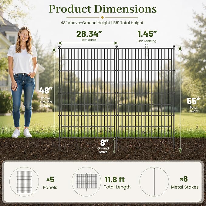 No Dig Garden Fence Outdoor for Yard, 48in (H) x 11.8ft(L) | 5 Panels Animal Barrier Fence, Rustproof Metal Temporary Dog Fence, Decorative Fencing for Patio, Flower Bed