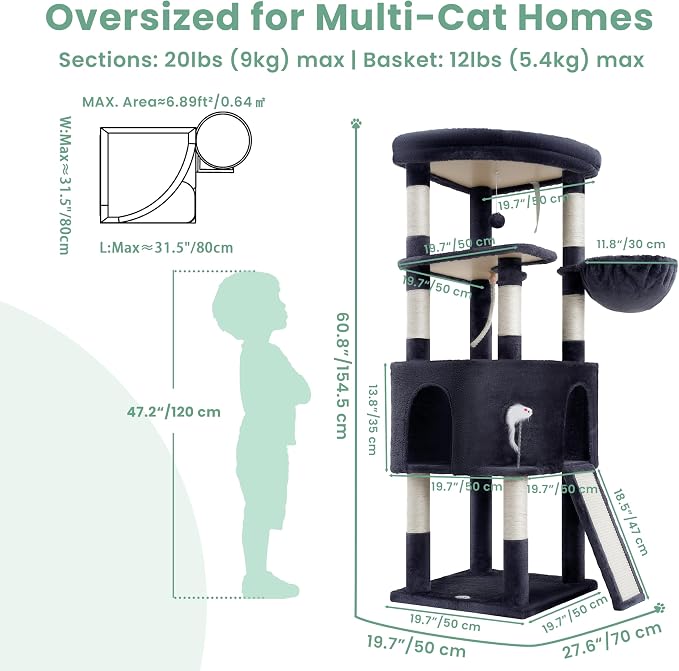 Cat Tree, 61" Tall Cat Tower, Diamond-Shaped Cat Cave VCT001G | Cat Condo with Wide Top Perch & Basket, Sturdy Scratching Post, Interactive Toy for Large Indoor Cats, Smoky Gray