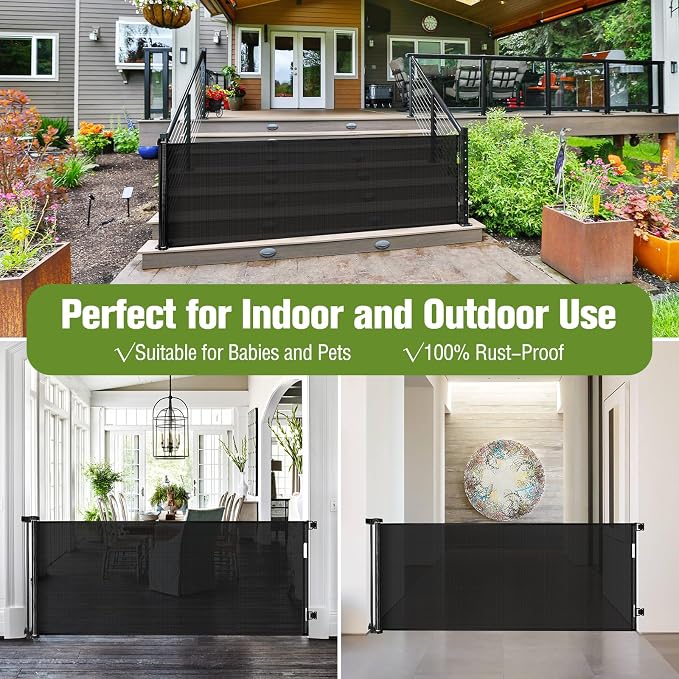 Retractable Baby Gate Extra Wide 65", Retractable Dog Gate Indoor/Outdoor | Durable Mesh Gates for Kids or Pets, Space-Saving, Easy One-Hand Operation Safety Lock, Easy Install, for Stair/Doorway/Black