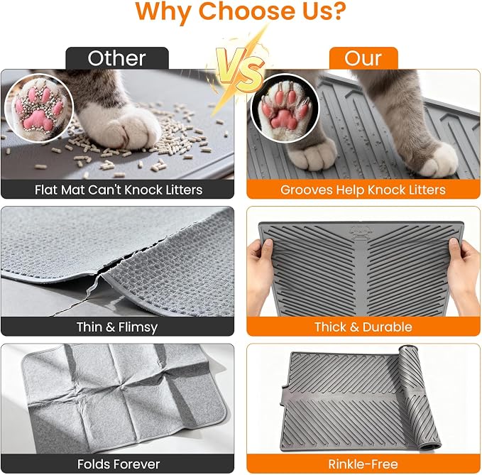 Large Silicone Cat Litter Mat Litter Trapping Pad for Litter Box | 34" x 22", Silicone, Foldable, Non-Slip, Friendly Soft on Cat Paws, Easy to Clean, Scatter Control, Gray