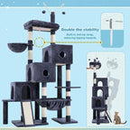Hey-brother Cat Tree Tower with 3 Condos, Step Climbing Pathway MPJ081G | 74.8 Inches Scratching Post with 3 House, Hammock, Large Basket, Cozy Bed, Sisal Board, Toys for Big Indoor Cats, Smoky Gray