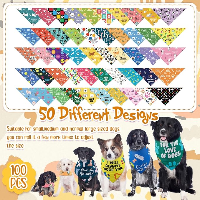 Sweetude 100 Pcs Plaid Dog Bandanas Bulk Paw Print Dog Scarf Bibs Puppy Pet Bandanas with Captions Adjustable Cat Outfit Washable Triangle Scarf Kerchief for Small to Medium(Vivid)