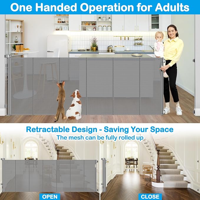 Reinforced 42" Extra Tall Retractable Baby Gate-Prevent Crawling Under, 200" Retractable Pet Gates for Wide Openings, 16ft Mesh Child Gates for Wide Openings, No Bottom Bar Indoor/Outdoor Baby gate