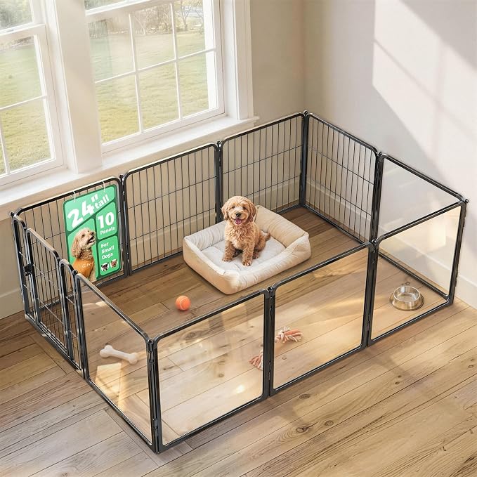 FXW AuraSpace Pro Acrylic & Wire Mesh Indoor Dog Playpen, 24" H, 10 Panels | Clear View, Heavy-duty Metal, Flexible Layouts, Easy Walk-Through, For Puppies & Small Dogs, Patented