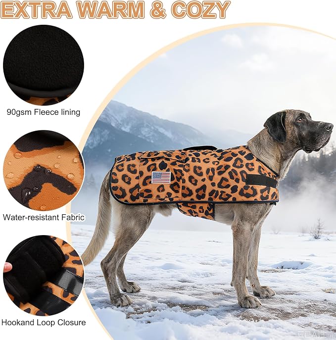 BEAUTYZOO Dog Winter Coat for X-Large Dogs Waterproof, Warm Reflective Great Dane Oxford Canvas Jacket, Fleece Dog Cold Weather Coats Windproof for Female Male Dogs, Leopard XL