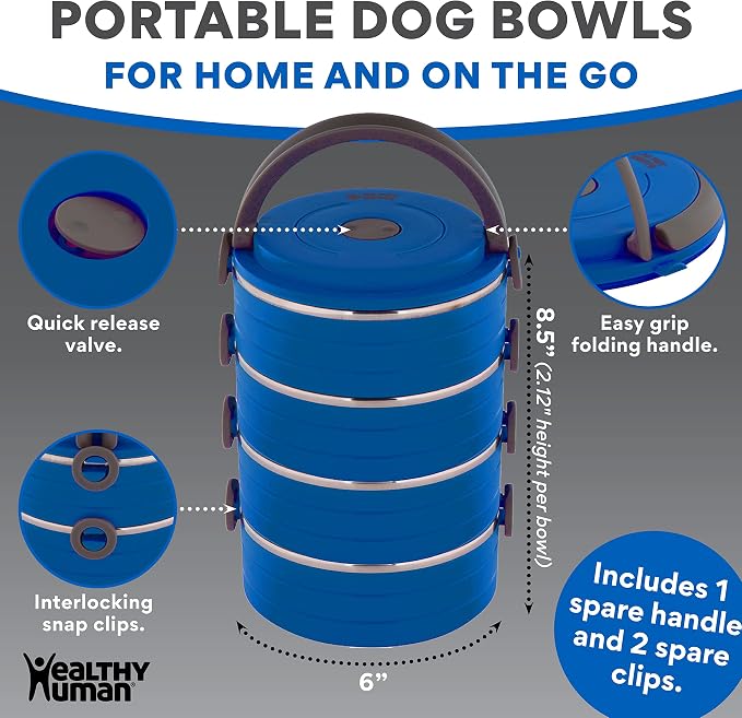 Healthy Human Travel Pet Bento Bowls - Human-Grade Stainless Steel & BPA-Free, Leak-Proof Water & Food Container Set for Dogs & Cats, 3-Pack Interlocking Bowls, Includes Spare Clips & Handle (Blue)