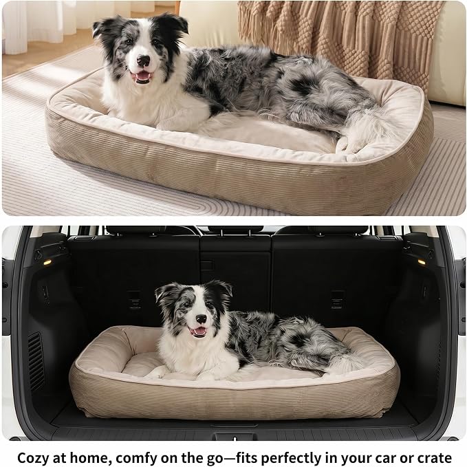 FAIRYPET Deluxe Plush Dog Beds for Medium to Large Dogs, 3D Crimped Siliconized Hollow Fiber Fill，Soft Breathable，Washable Dog Bed, Plush Faux Fur & Corduroy,Durable Pet Bed with Anti-Slip Bottom
