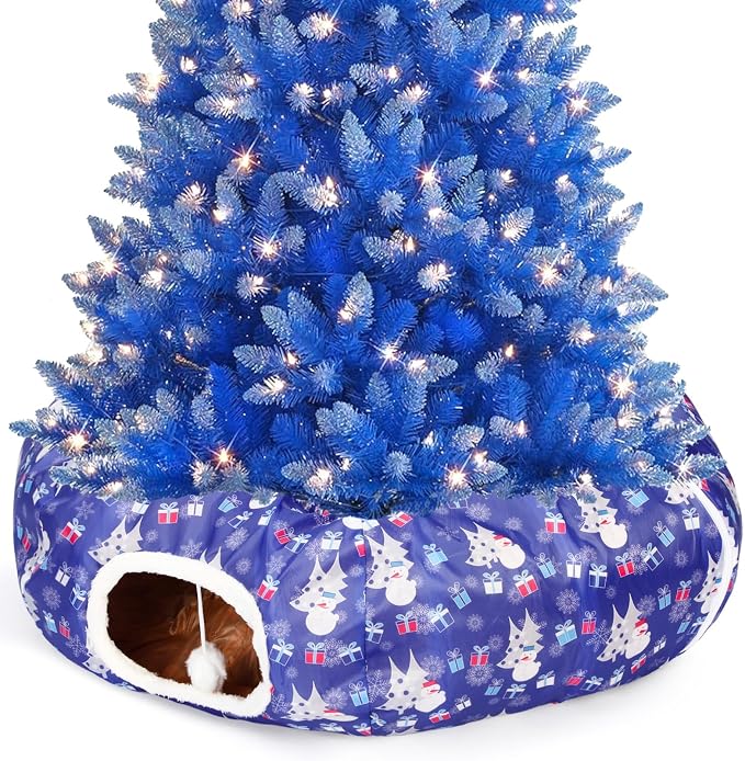 Christmas Cat Tunnel Bed for Indoor Cats Under Christmas Tree Skirt Tube with Hanging Ball Plush Cat Cave, Washable Holiday Pet Gift Toy & Gift for Kittens(Snowman)