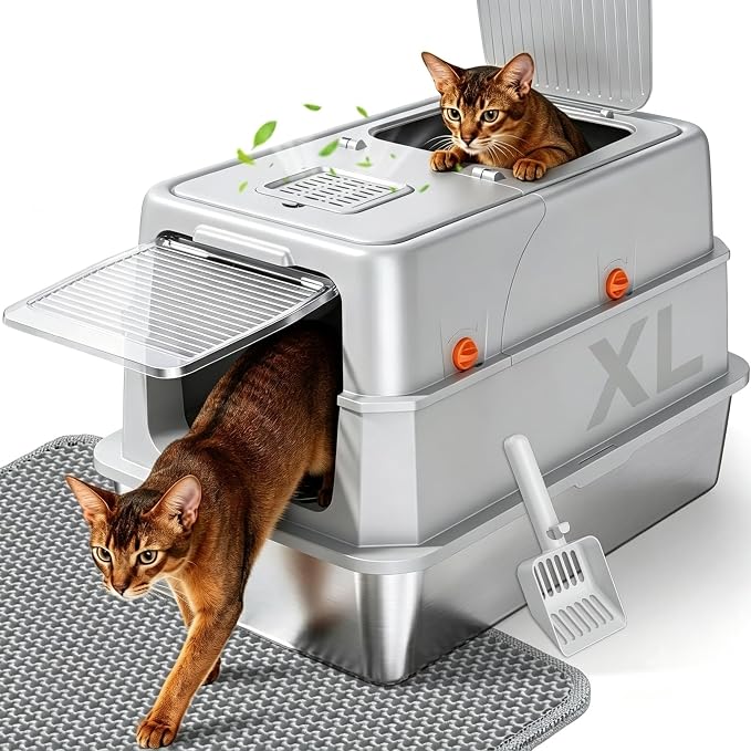 Q5 Stainless Steel Litter Box (Light Grey, X-Large) | Enclosed Litter Box with Leak-Resistant Design, High Sides, Front Entry and Top Exit; Odor Control, Scoop and Mat Included