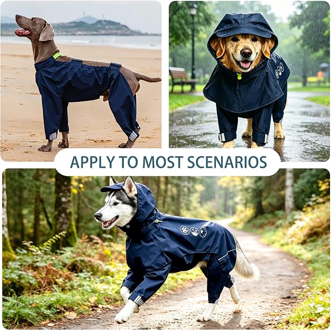 Dog Raincoat, Full-Body Hooded All-Weather Jacket, Waterproof and Windproof with Reflective Strips, Suitable for Large Dogs, XL