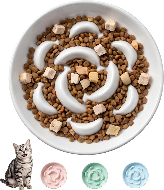 Ceramic Slow Feeder Cat Bowl, 6.3'' Wide Whisker Friendly Cat Puzzle Feeder | Slow Eating 5x, Anti Vomit Shallow Slow Eating Cat Dish for Dry and Wet Food, Microwave and Dishwasher Safe, 6.3" X 1.2"