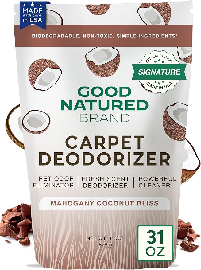 Good Natured Brand | Carpet Deodorizer & Freshener Powder | 31 oz Pet Odor Eliminator for Strong Odor & Pet Urine | Fresh Natural Mahogany Coconut Bliss Scent | Safe for Homes with Pets