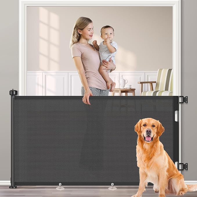 EZIGO 71 Inch Retractable Baby Gates Extra Wide Baby Dog Gate for Stairs | 34 Inch Tall Retractable Dog Gate, One-Hand Operation Mesh Safety Pet Gate for Deck, Porch, Doorways Indoor Outdoor, Black