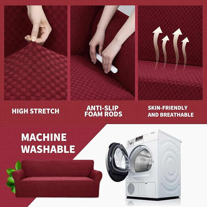YEMYHOM Couch Cover Latest Jacquard Design High Stretch Sofa Covers for 3 Cushion Couch, Pet Dog Cat Proof Slipcover Non Slip Magic Elastic Furniture Protector (Sofa, Christmas Wine Red)