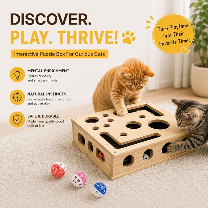 3-in-1 Cat Amazing Puzzle Box, Interactive Foraging Hunt & Cat Nail File Device with 1 Feather Wand & 3 Bell Balls, Wooden Enrichment System for Indoor Cats to Scratch, Play & Exercise