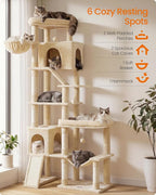 Feandrea Multi-Level Cat Tree for Large Cats, 79.5 inch Tall Cat Tower with 6 Resting Areas and Sisal Scratching Posts, 41.3 x 17.7 x 79.5 inch, Beige Clawfy Collection UPCT020Y101