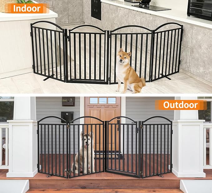 Malier Metal Freestanding Dog Gates with Door, Outdoor Indoor Dog Fences, Extra Wide Foldable Puppy Gate for Stairs, Hallways, Yard (Black, 96''W × 32''H【4 Panels】)