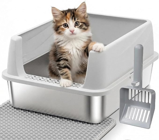 Stainless Steel Cat Litter Box for Kittens, Low Entry Kitten Litter Box | Small Metal Litter Box, Includes Scoop and Mat, High Sided, Non-Sticky, Anti-Urine Leakage, Easy Cleaning