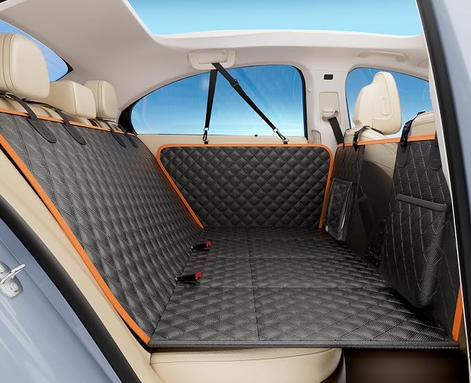 Pecute Dog Car Seat Cover for Back Seat, Back Seat Extender for Dogs 52 * 24.4in, Foldable in The Car, Hard PVC Panels Bottom Support to 330 lbs, for Cars/Mid-Size SUV/Small Truck