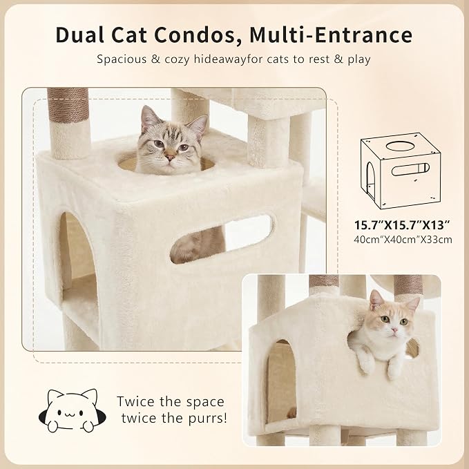 Heybly Cat Tree, 74.8'' Spacious & Tall Cat Tower for Large Cats HCT062MJ-1 | Cat Furniture with Large Top Perch, Solid Base, 2 Cat Condos, Hanging Hammock, Durable Sisal Scratching Posts, Beige