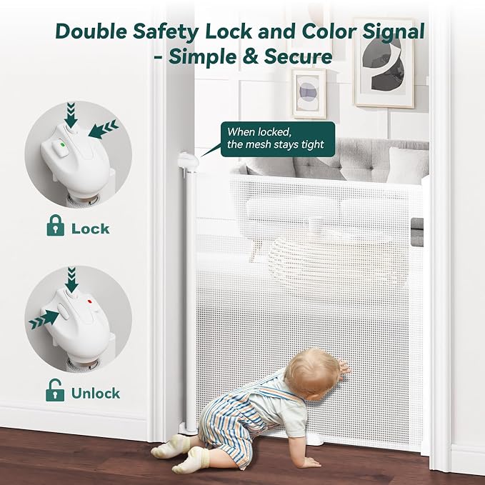 Babepai Retractable Baby Gates for Stairs, Retractable Dog Gate for Indoor/Outdoor Use | Child Gates for Doorways, Deck, Porch, Hallways, Patio (White, 55" Wide 34" Height)