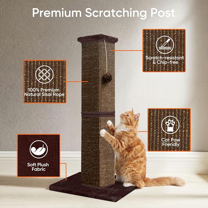 Cat Scratching Post for Indoor Cat, 32 Inch Large Cat Scratcher | Sisal Cat Scratcher with Sturdy Base for Cat Adults, Cat Scratch Post with Vertical Stretch Space, Full Brown