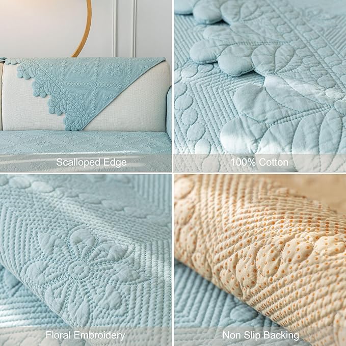 Cotton Quilted Dog Couch Cover for Sofa Farmhouse Rustic Embroidery Sectional Couch Cover Soft Anti-Slip Sofa Slipcover Furniture Protector for Kids, Pets (Blue,28"x70")