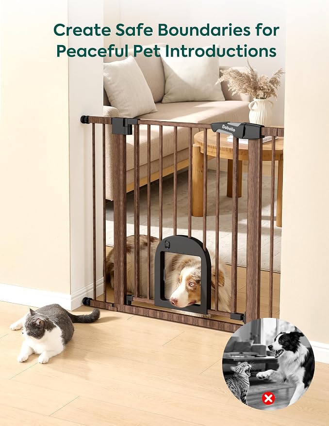 Babelio Baby Gate with Adjustable Cat Door, CatPrivilege III, 29-43" | Auto-Close, Pressure Mounted, Dual Lock, Durable Dog Gate For Stairs & Doorways, Keeps Pets Contained, Black Wood Pattern