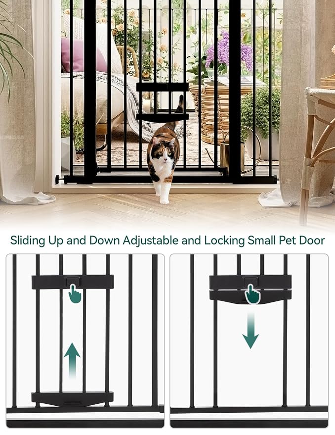 Babelio 36 Inch Extra Tall Baby Gate with Cat Door, 29.5-40" Metal Pet Door for Stairs, Doorways, House, Auto Close, Easy Walk Thru, Black | 6-Level Adjustable Metal Pet Gate, Auto-Close Safety Gates with Pet Door, Easy Walk Thru, Black