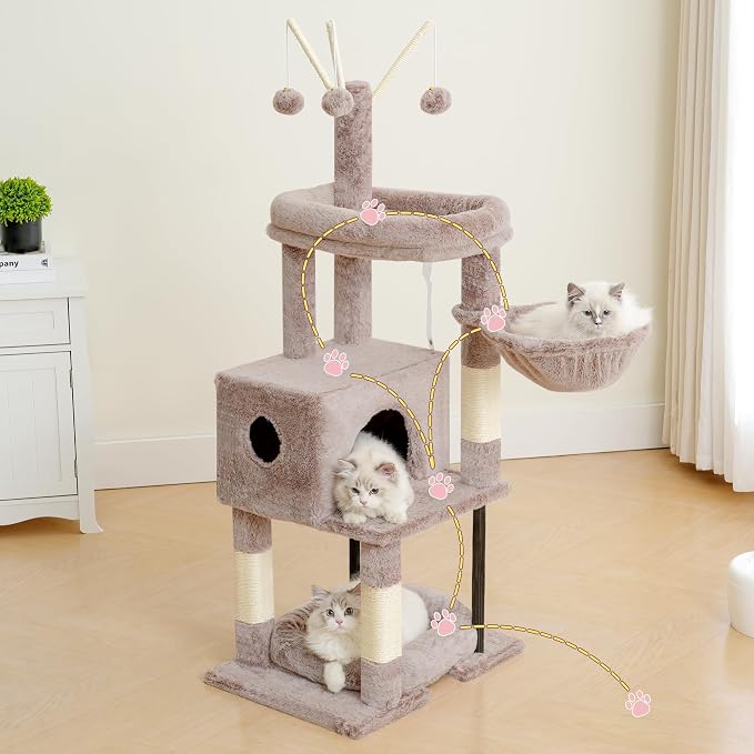 Heybly Cat Tree, 45.3" Cat Tower for Indoor Cats with Large Perch HCT202SMU | All-in-One Cat Furniture with Cozy Bed, Hidden Space Cat Condo, Comfy Hammock, Scratching Posts & 3 Pompoms, Rosy Brown
